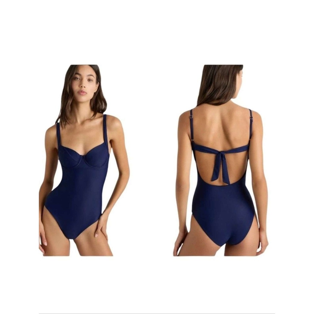 Quince Italian Underwire Tie-Back One Piece Swimsuit Navy Blue XL NWT